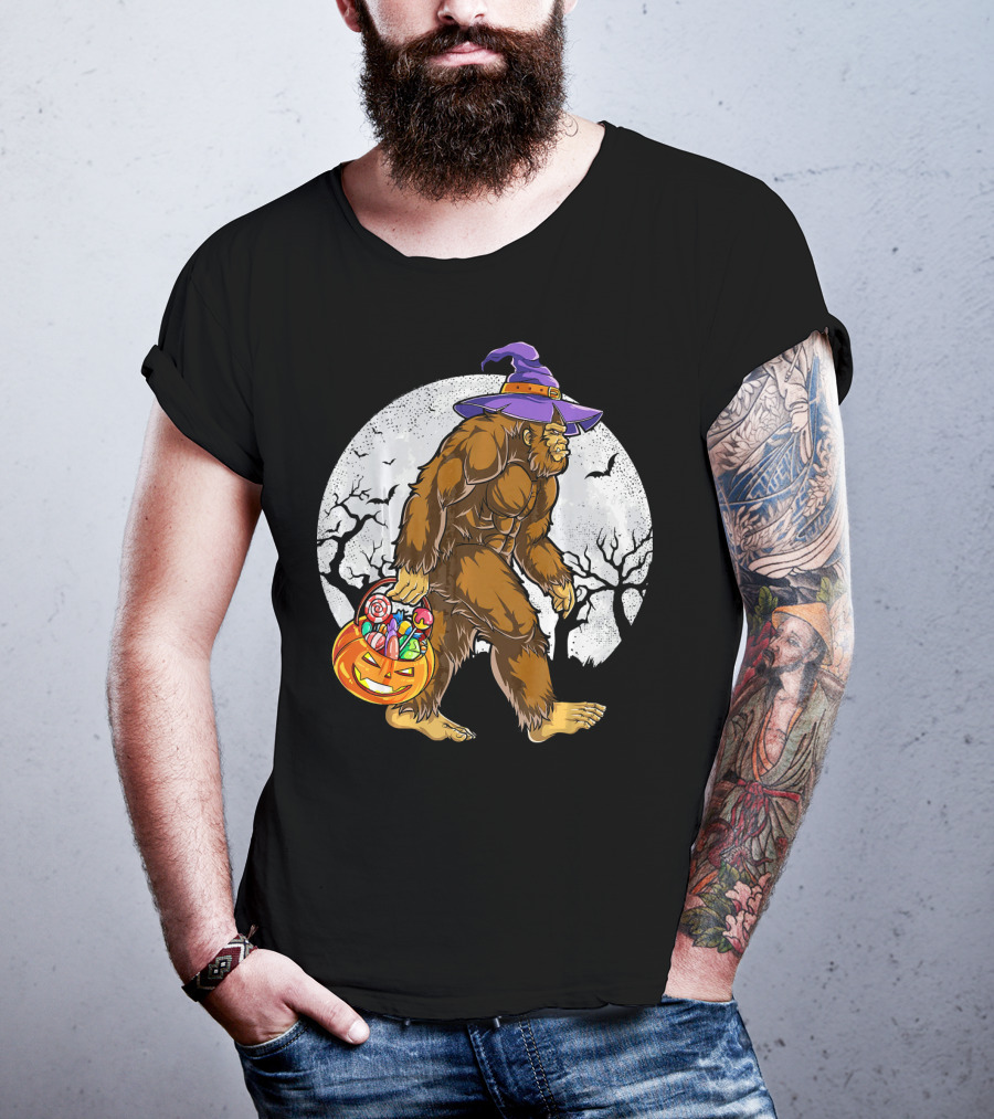 Bigfoot Witch Carrying Pumpkin Candy Basket In Spooky Moonlit Forest T-Shirt