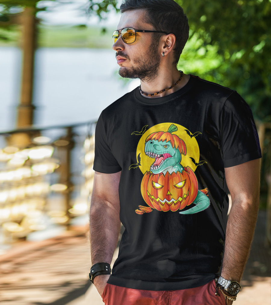 Dinosaur Pumpkin Halloween Moon Bats T-Shirt