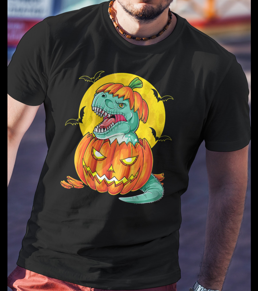 Dinosaur Pumpkin Halloween Moon Bats T-Shirt