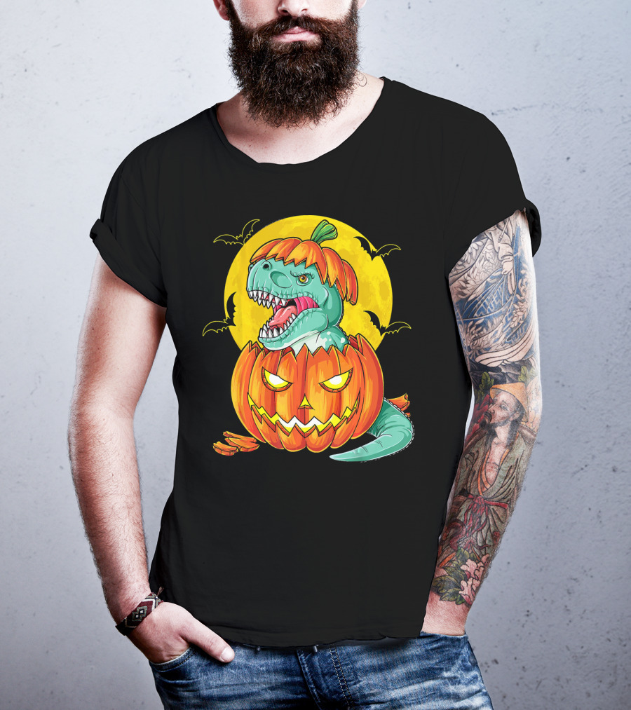Dinosaur Pumpkin Halloween Moon Bats T-Shirt