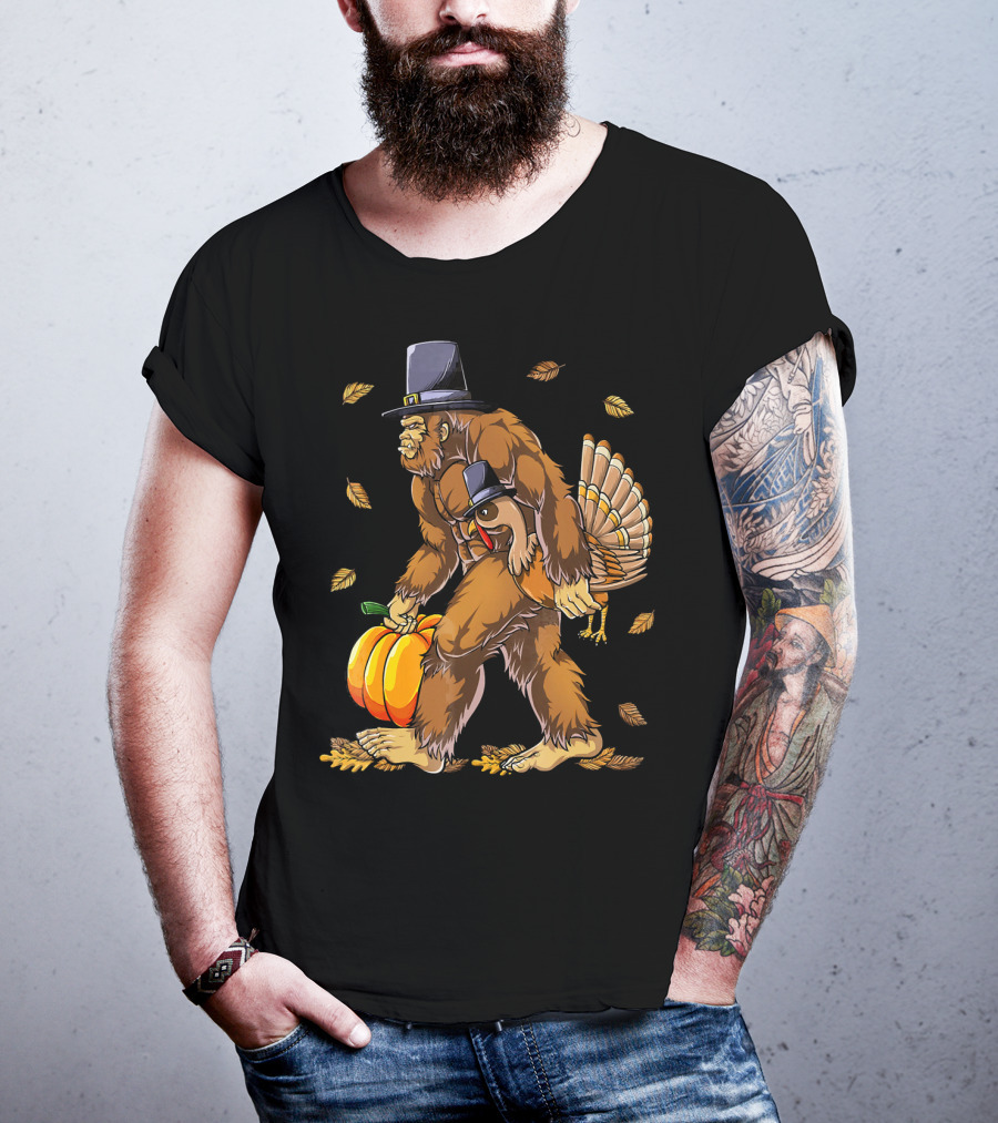 Thanksgiving Bigfoot Pilgrim Turkey Pumpkin Autumn Leaves T-Shirt