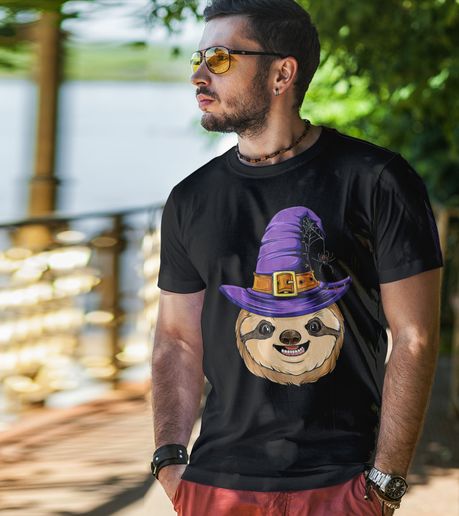 Sloth Witch Halloween Purple Hat Spider T-Shirt