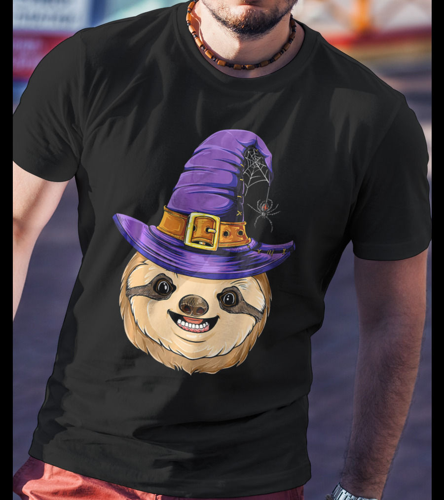 Sloth Witch Halloween Purple Hat Spider T-Shirt