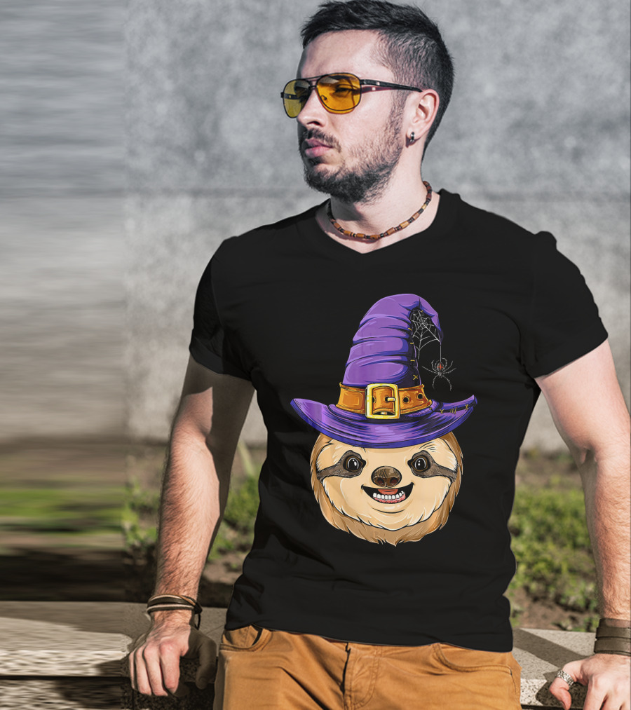 Sloth Witch Halloween Purple Hat Spider T-Shirt