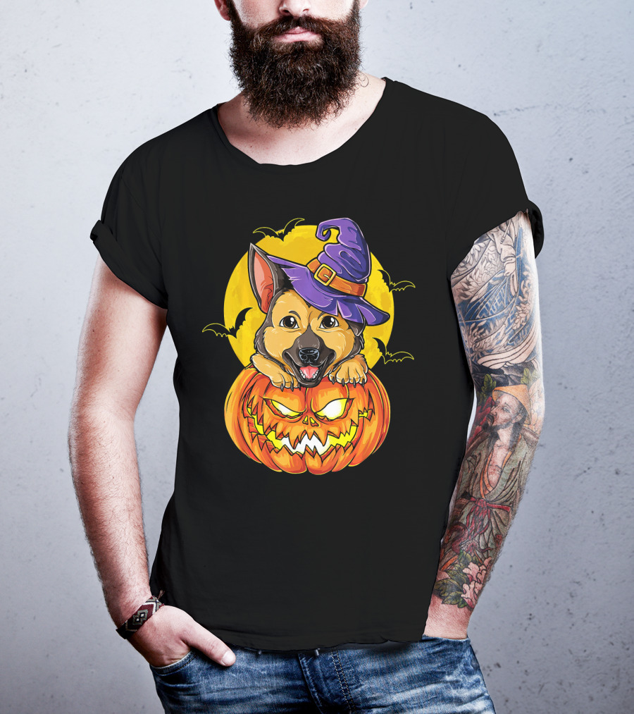 German Shepherd Pumpkin With Witch Hat And Bats T-Shirt