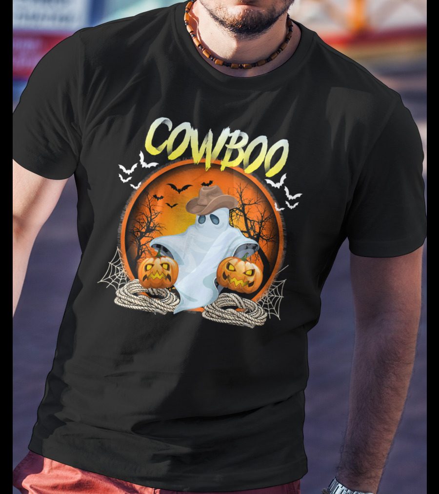 Cowboo Halloween Ghost In Cowboy Hat With Pumpkins And Bats T-Shirt