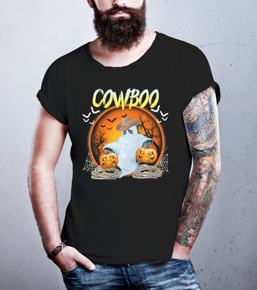 Cowboo Halloween Ghost In Cowboy Hat With Pumpkins And Bats T-Shirt