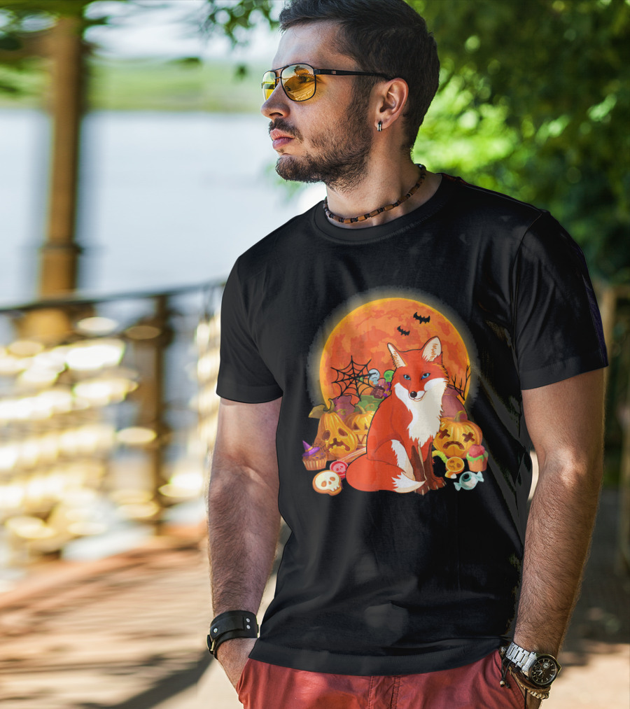 Funny Fox Halloween Full Moon Pumpkin Candy Scene T-Shirt