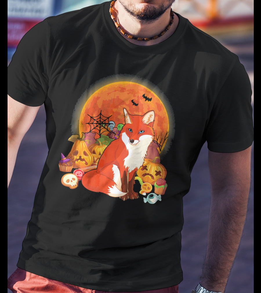 Funny Fox Halloween Full Moon Pumpkin Candy Scene T-Shirt