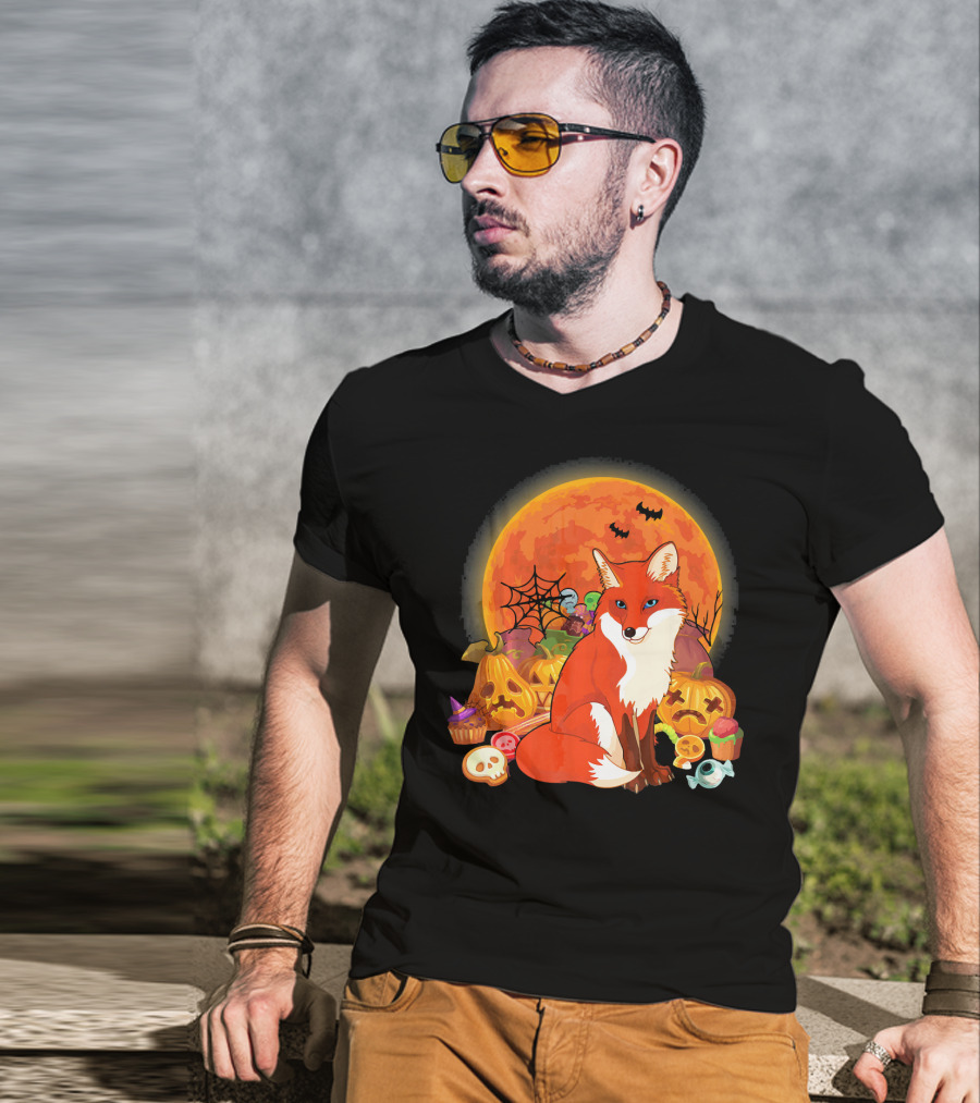 Funny Fox Halloween Full Moon Pumpkin Candy Scene T-Shirt