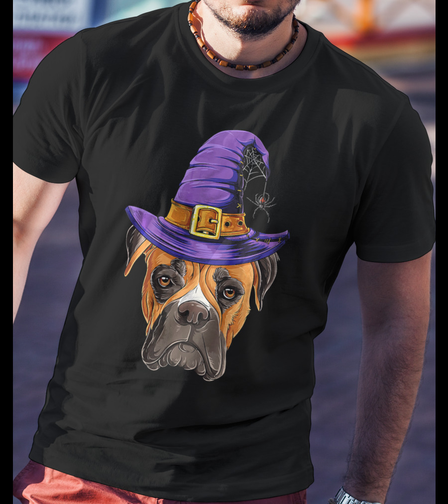 Boxer Dog Halloween Witch Hat Spider T-Shirt