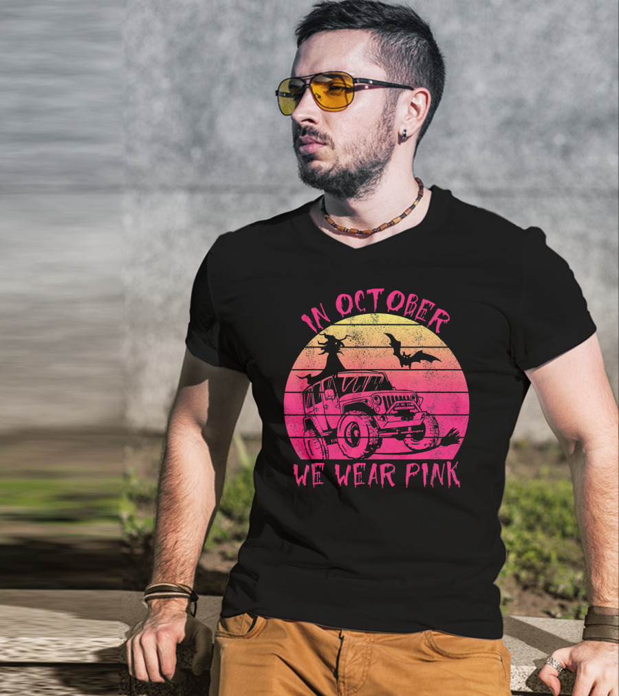 In October We Wear Pink Halloween Jeeps Witch And Bat Vintage Sunset T-Shirt