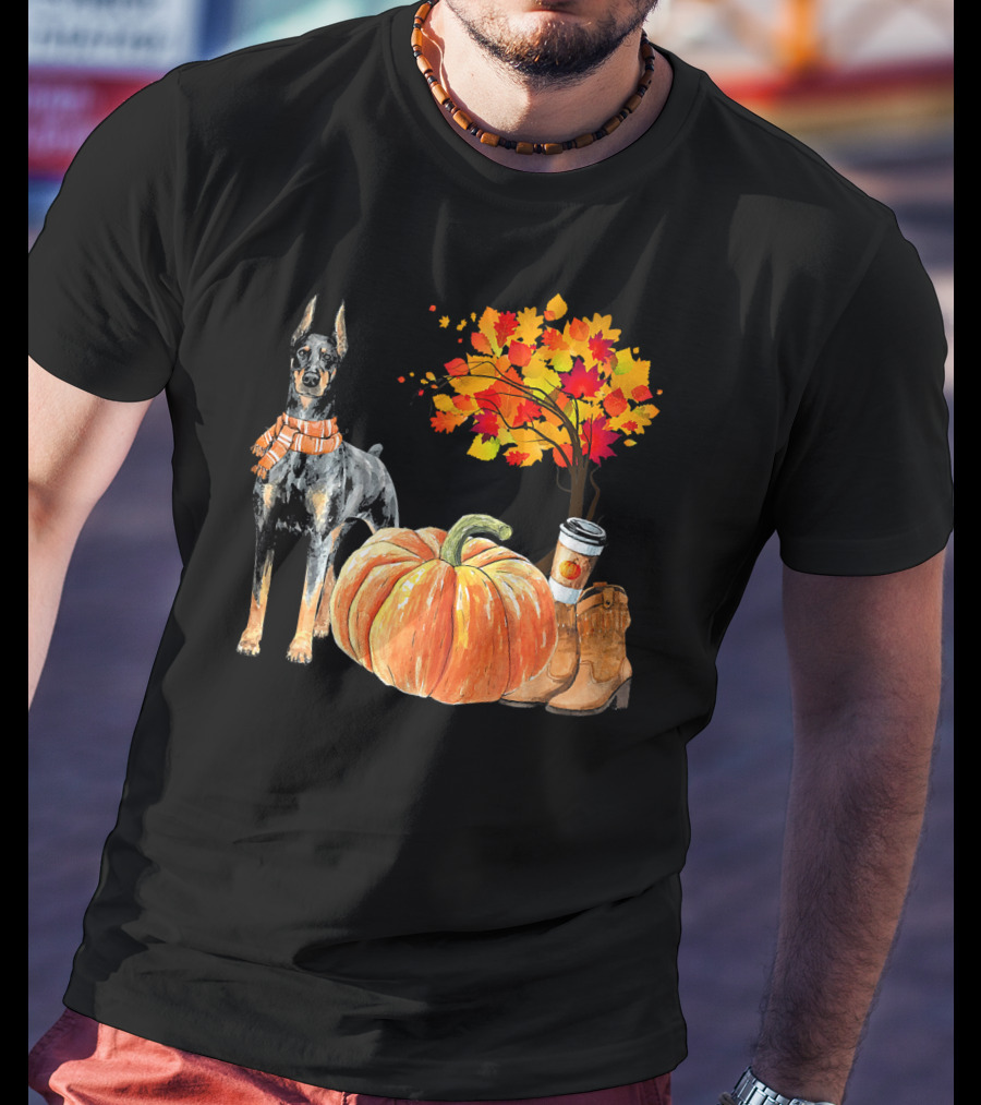 Doberman Pinscher Scarf Pumpkin Spice Autumn Boots Cozy Fall Leaves T-Shirt