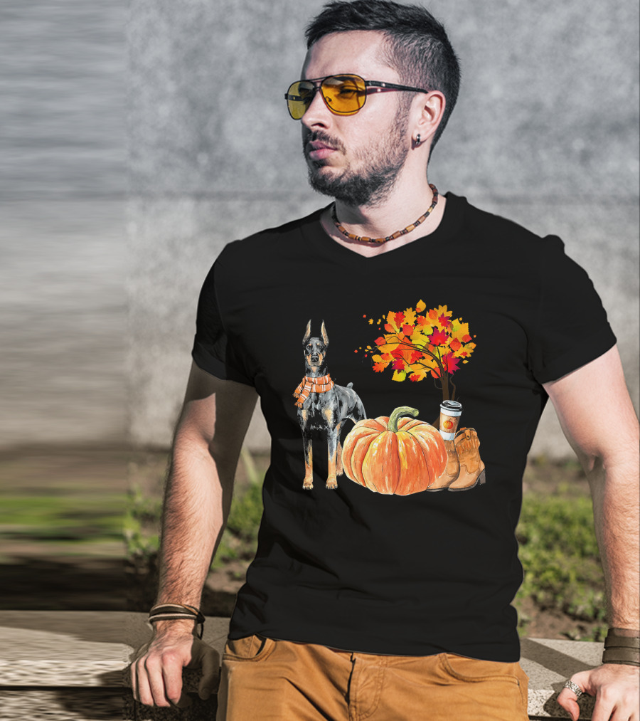 Doberman Pinscher Scarf Pumpkin Spice Autumn Boots Cozy Fall Leaves T-Shirt