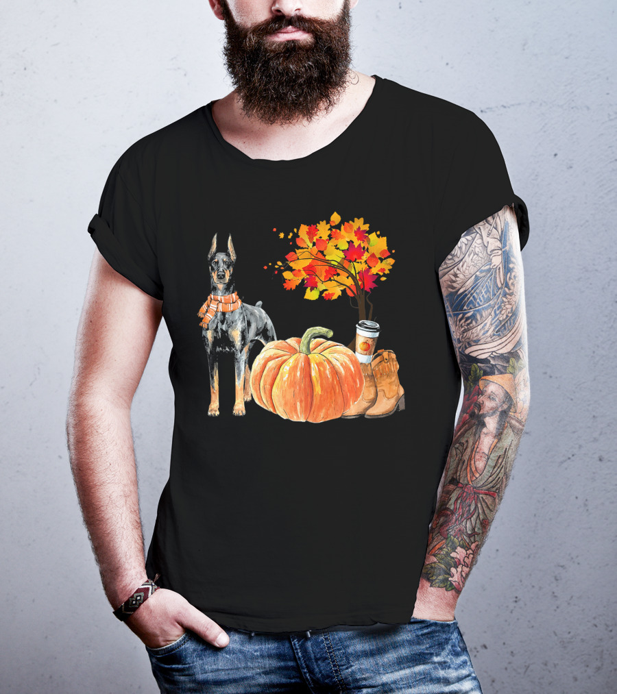 Doberman Pinscher Scarf Pumpkin Spice Autumn Boots Cozy Fall Leaves T-Shirt