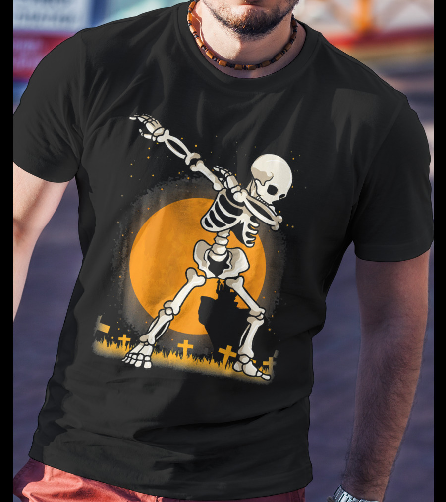 Halloween Skeleton Dabbing In Graveyard With Full Moon T-Shirt