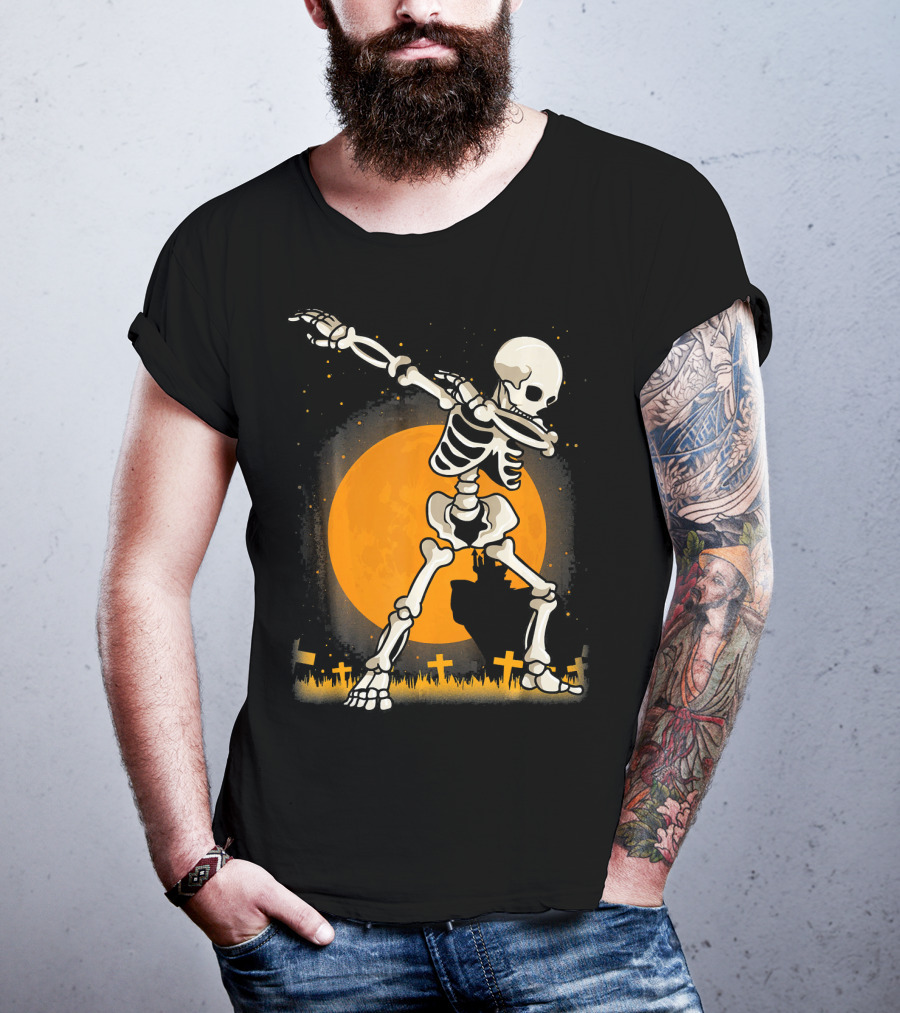 Halloween Skeleton Dabbing In Graveyard With Full Moon T-Shirt
