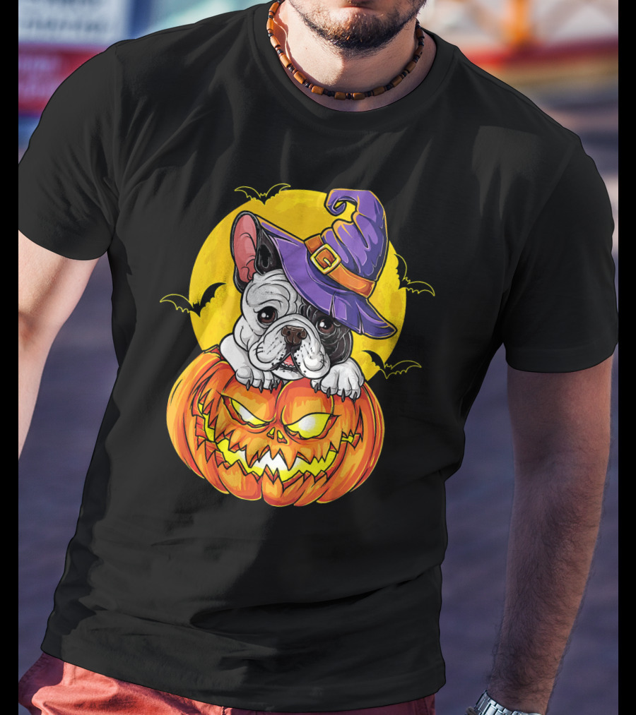 Halloween French Bulldog Witch In Pumpkin With Full Moon And Bats T-Shirt