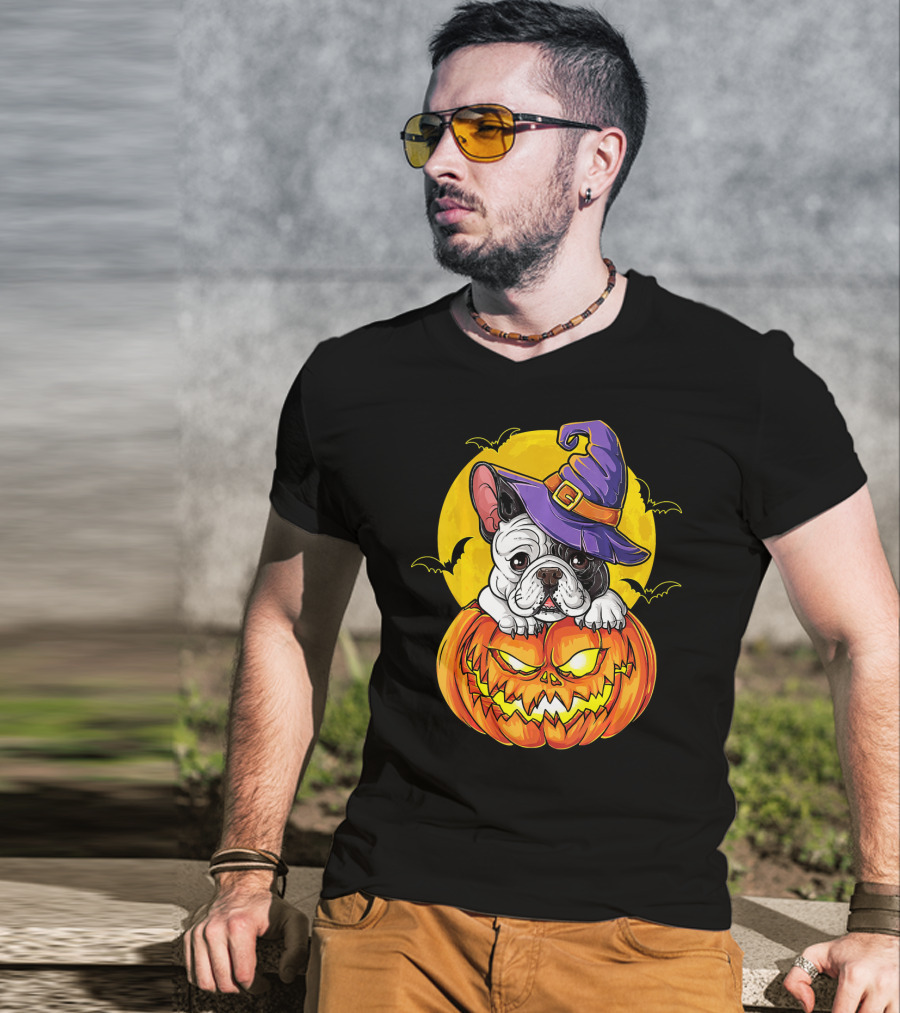 Halloween French Bulldog Witch In Pumpkin With Full Moon And Bats T-Shirt
