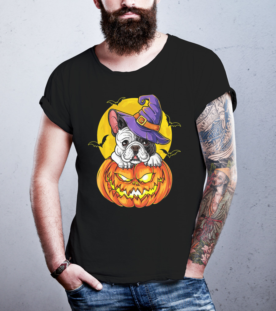 Halloween French Bulldog Witch In Pumpkin With Full Moon And Bats T-Shirt
