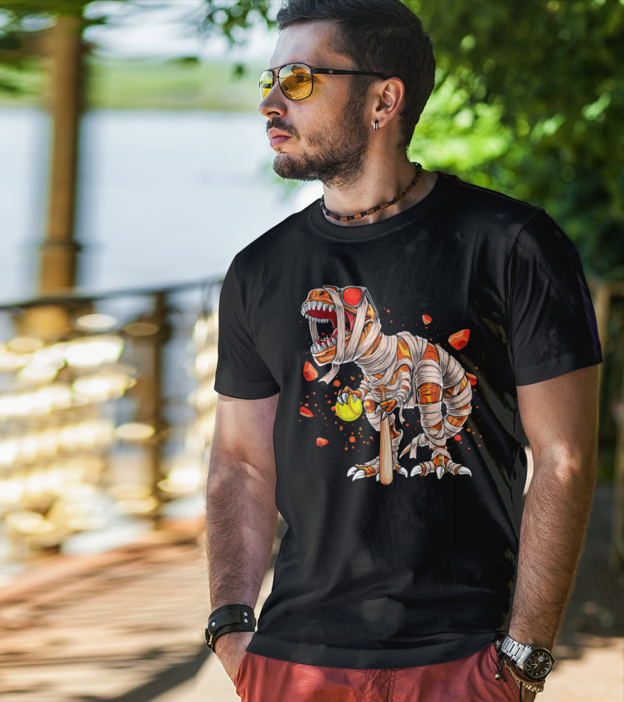 Mummy Dinosaur Playing Softball With Bat And Ball T-Shirt