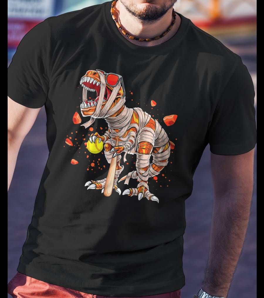Mummy Dinosaur Playing Softball With Bat And Ball T-Shirt