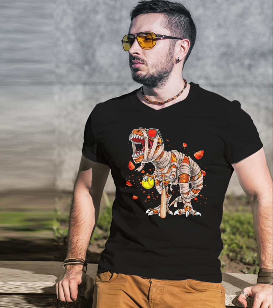 Mummy Dinosaur Playing Softball With Bat And Ball T-Shirt