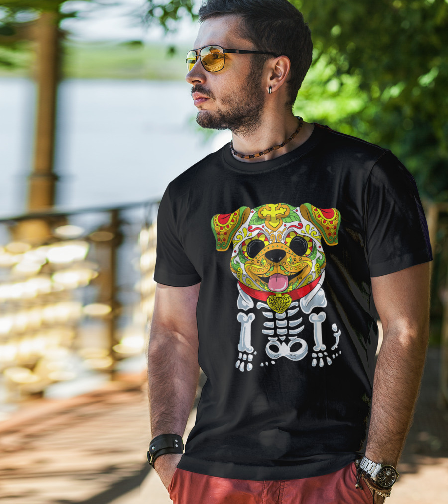 Dia De Los Muertos And Halloween Sugar Skull Dog Skeleton T-Shirt