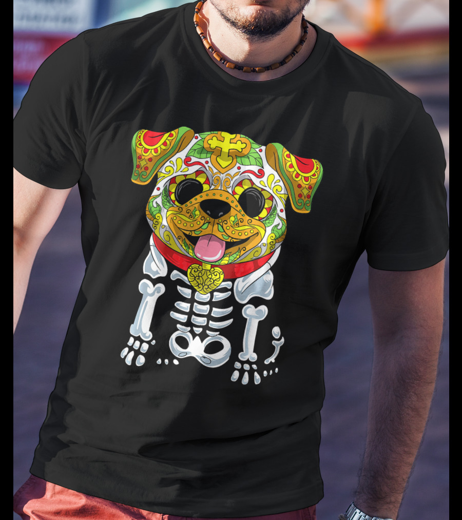 Dia De Los Muertos And Halloween Sugar Skull Dog Skeleton T-Shirt