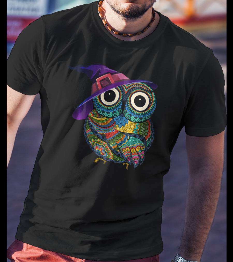 Colorful Owl With Witch Hat In Halloween Costume Fun T-Shirt
