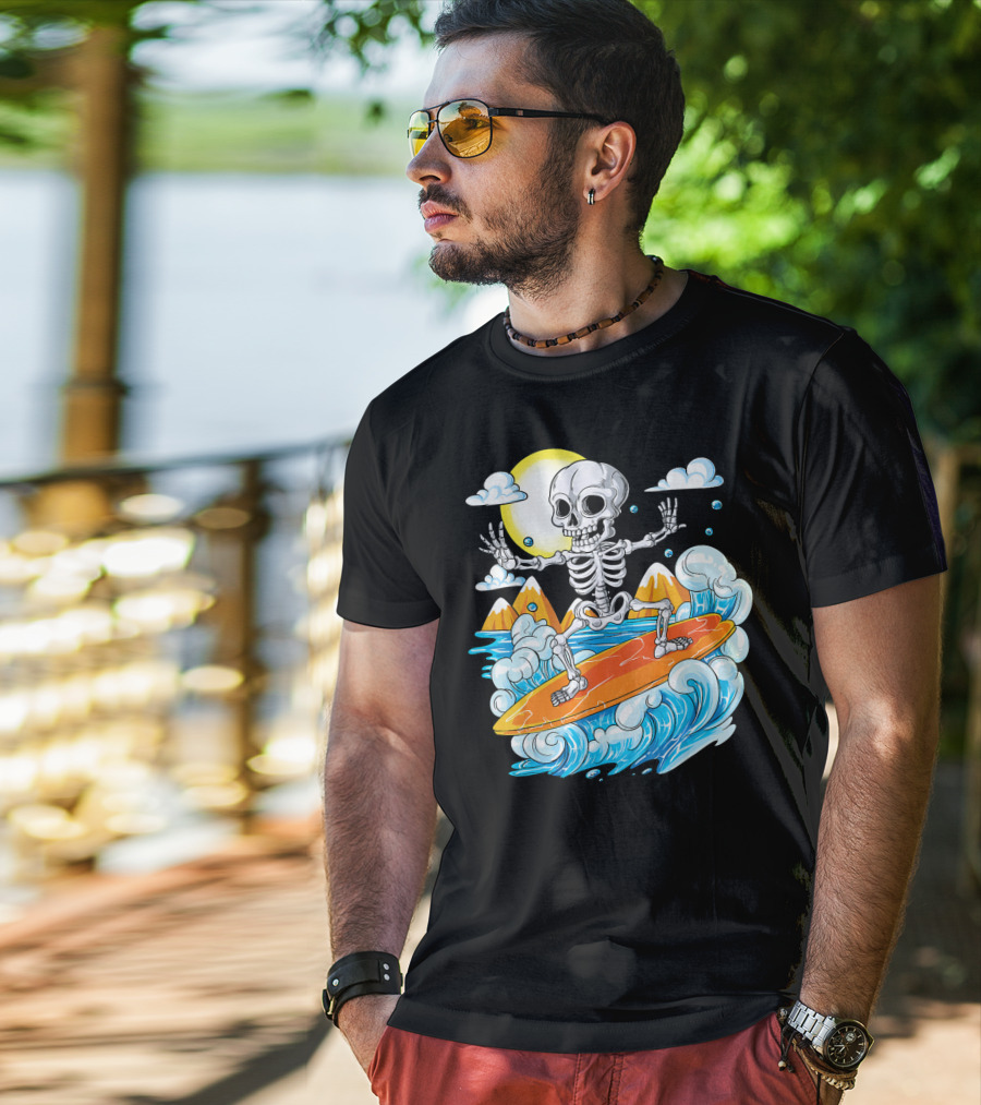 Skeleton Surfing Halloween On Hawaiian Waves With Sun And Clouds T-Shirt