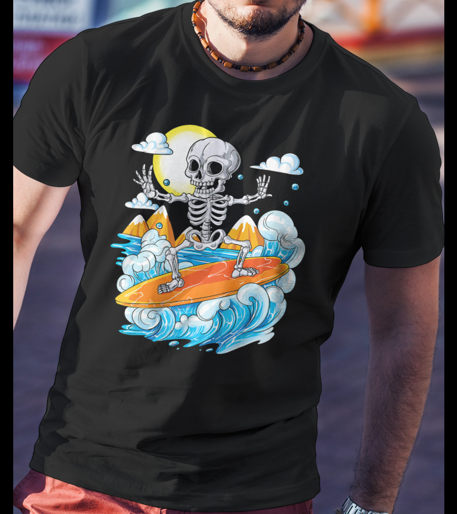 Skeleton Surfing Halloween On Hawaiian Waves With Sun And Clouds T-Shirt