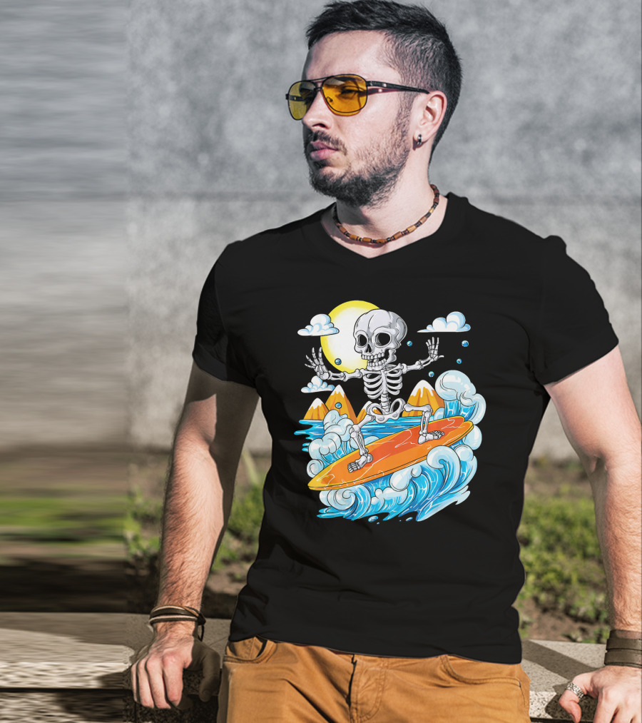 Skeleton Surfing Halloween On Hawaiian Waves With Sun And Clouds T-Shirt