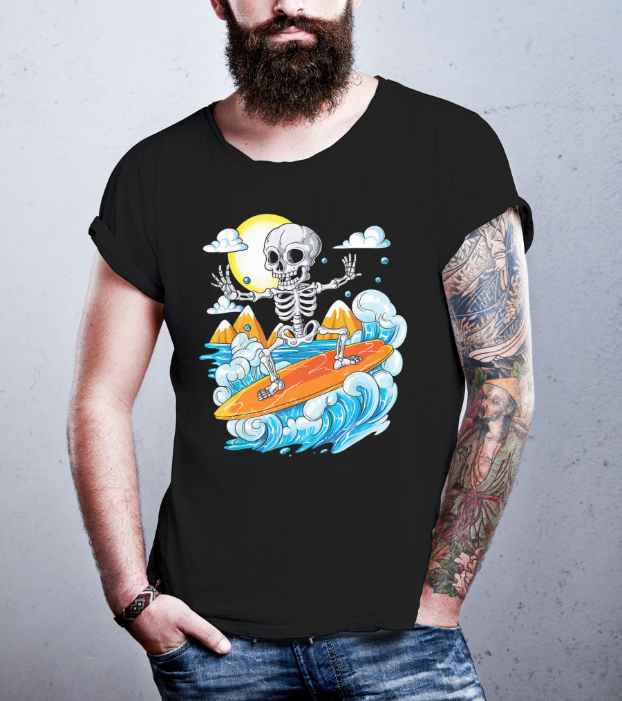 Skeleton Surfing Halloween On Hawaiian Waves With Sun And Clouds T-Shirt
