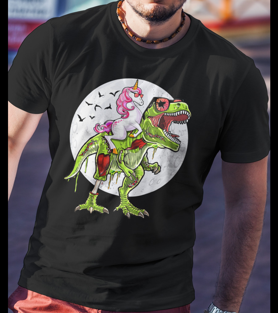 Funny Halloween Unicorn Riding Zombie Dinosaur With Bats And Full Moon T-Shirt