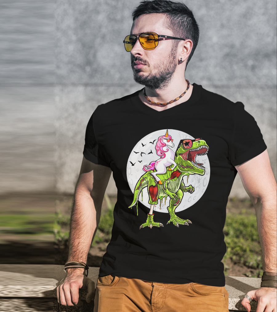 Funny Halloween Unicorn Riding Zombie Dinosaur With Bats And Full Moon T-Shirt
