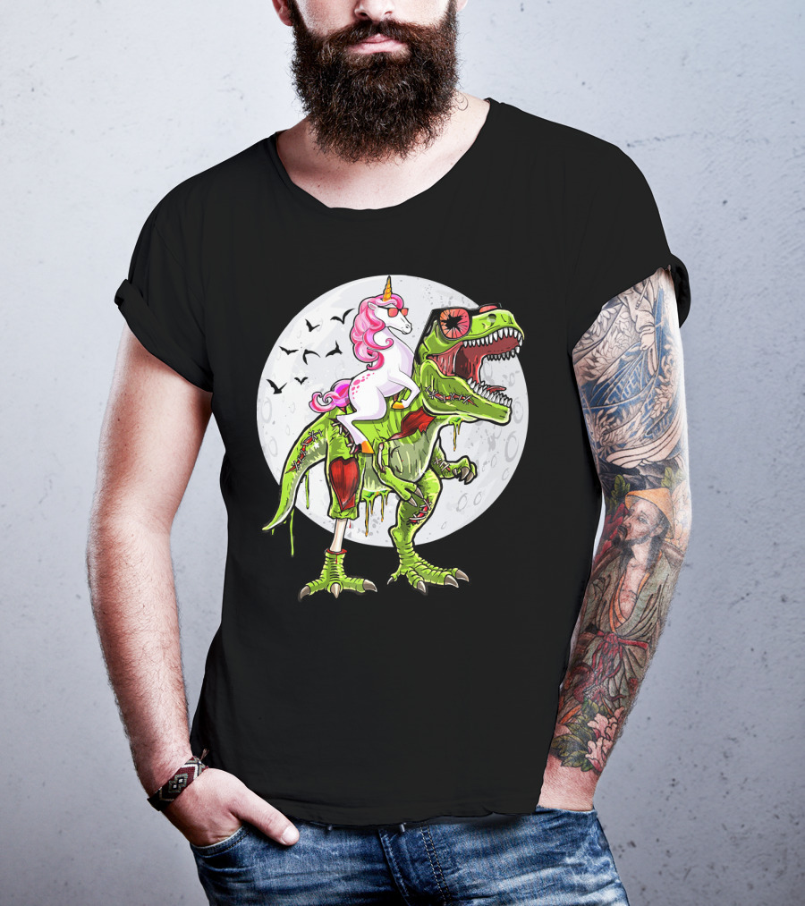 Funny Halloween Unicorn Riding Zombie Dinosaur With Bats And Full Moon T-Shirt