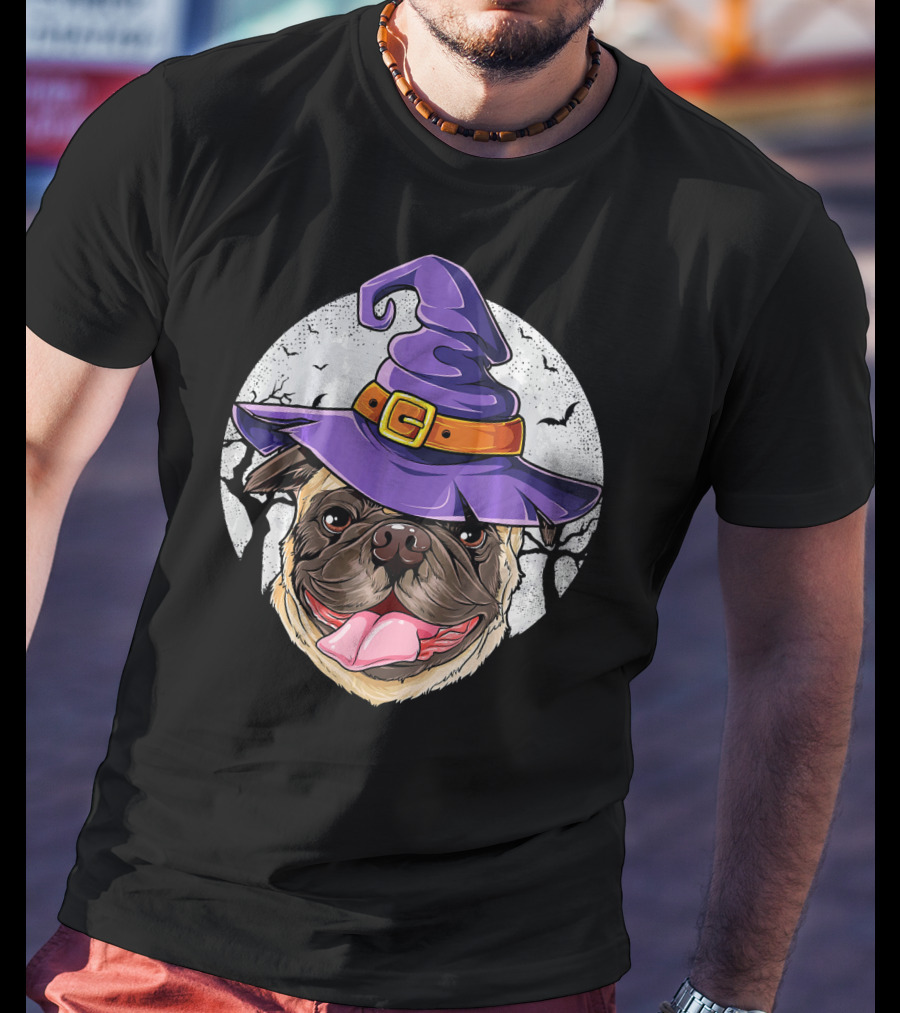 Pug Witch Hat Halloween Moon Bats Forest T-Shirt