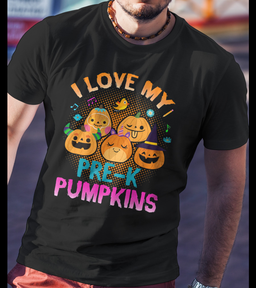 I Love My Pre K Pumpkins Halloween Jack-O-Lanterns With Music And Flowers T-Shirt