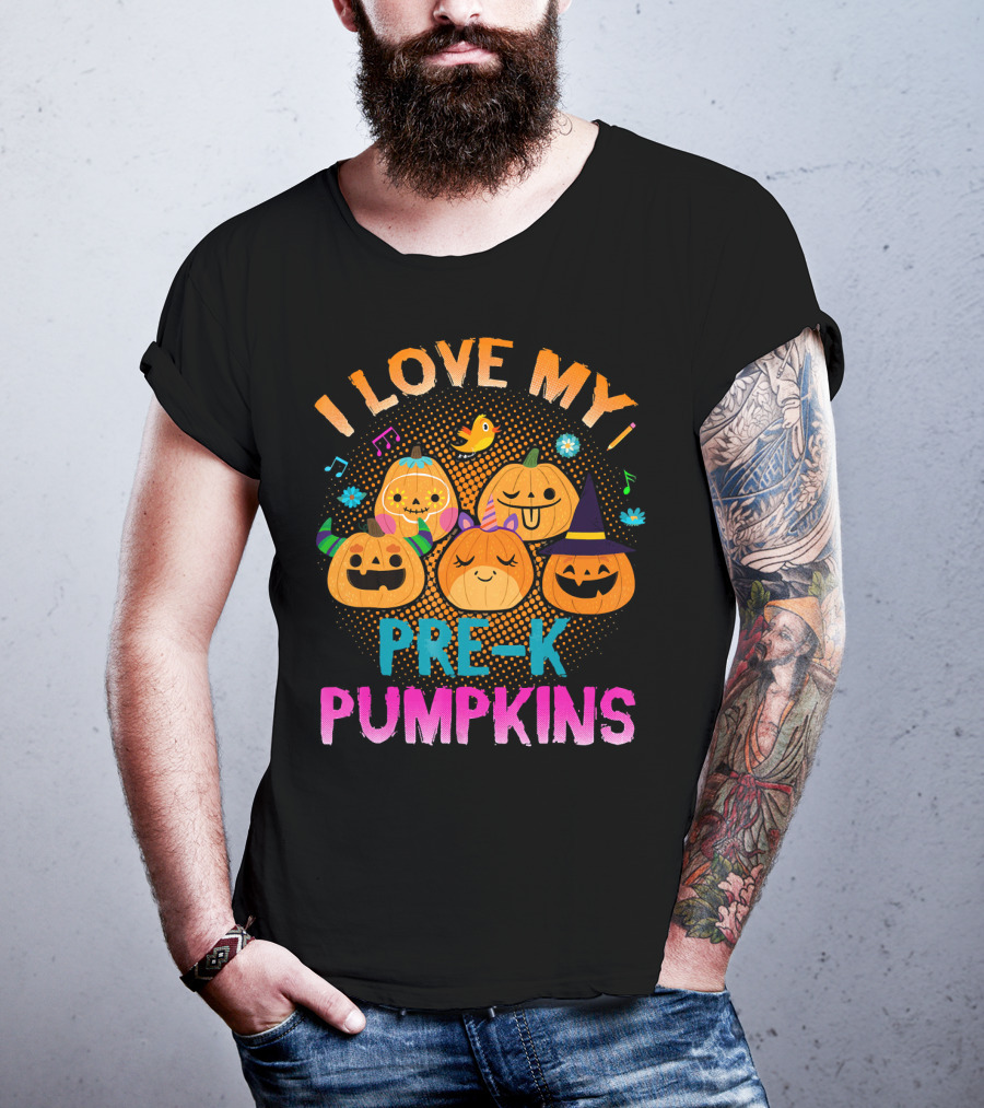 I Love My Pre K Pumpkins Halloween Jack-O-Lanterns With Music And Flowers T-Shirt
