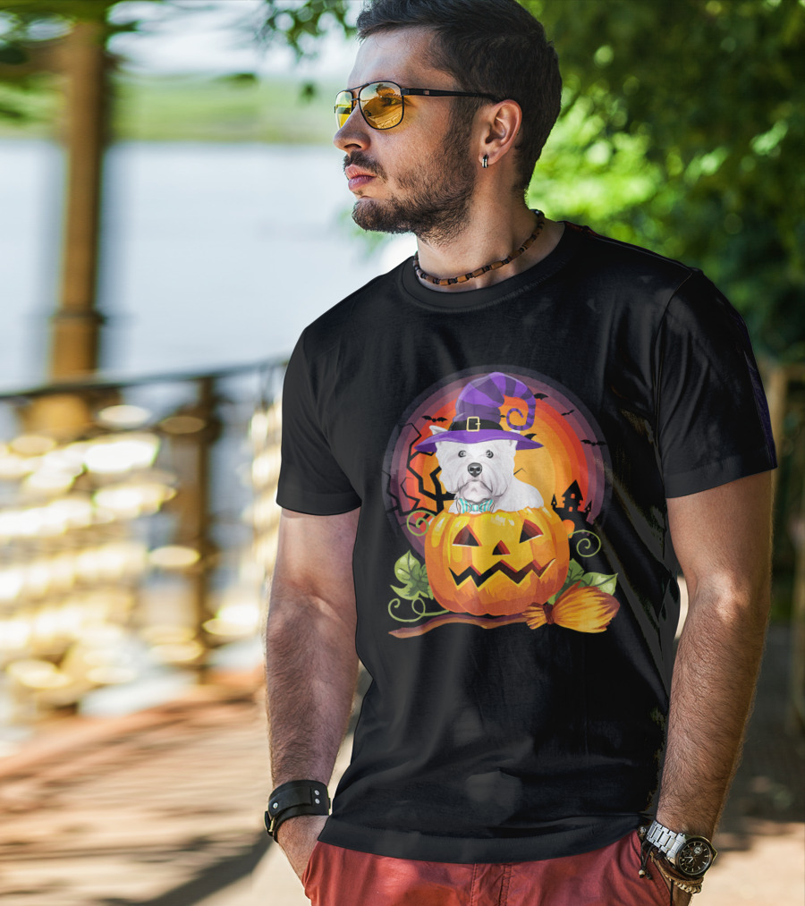 Westie Dog In Witch Hat With Jack-O'-Lantern For Halloween T-Shirt