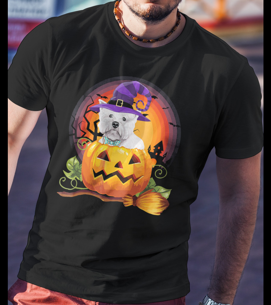 Westie Dog In Witch Hat With Jack-O'-Lantern For Halloween T-Shirt