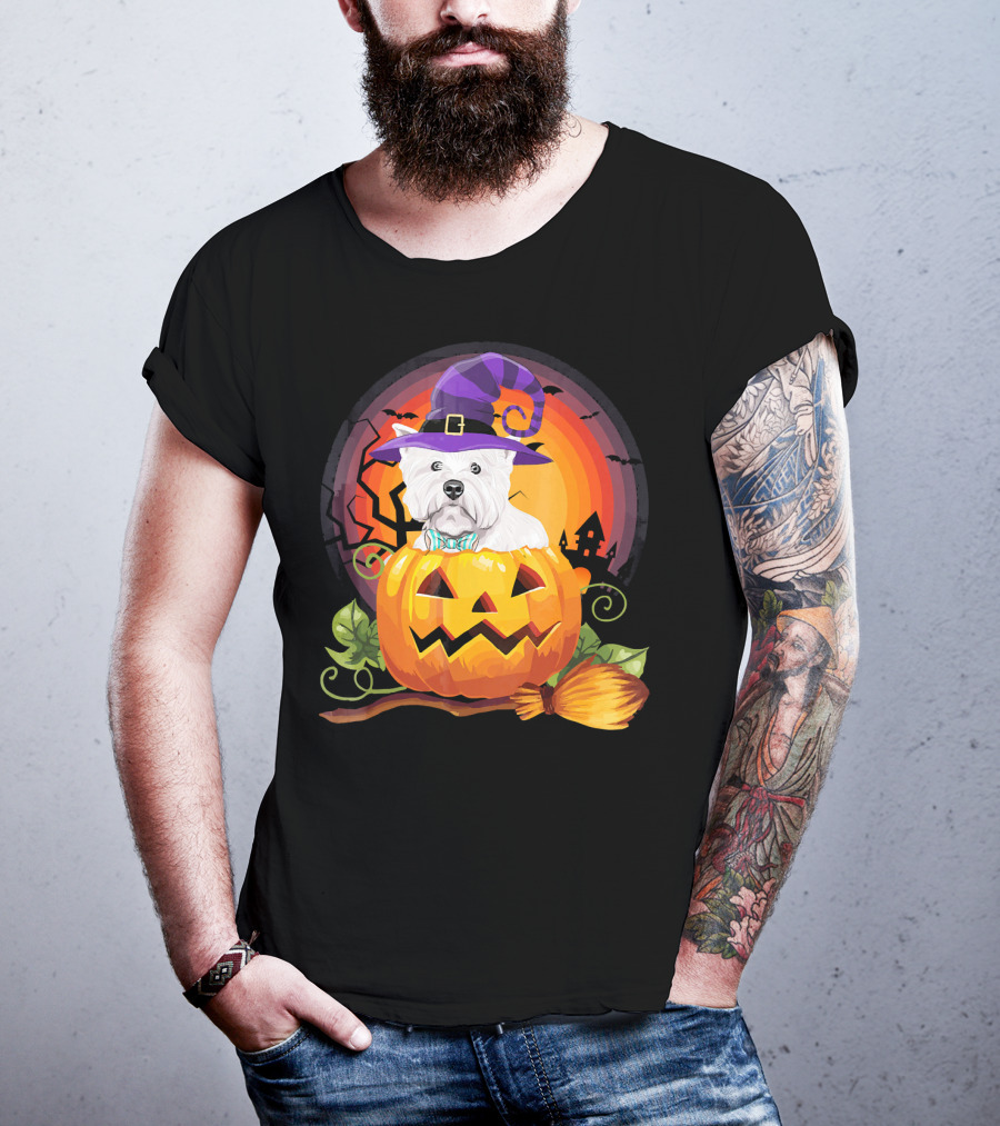 Westie Dog In Witch Hat With Jack-O'-Lantern For Halloween T-Shirt