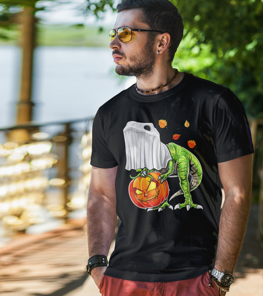 Halloween Dinosaur Ghost Pumpkin Jack Leaves T-Shirt