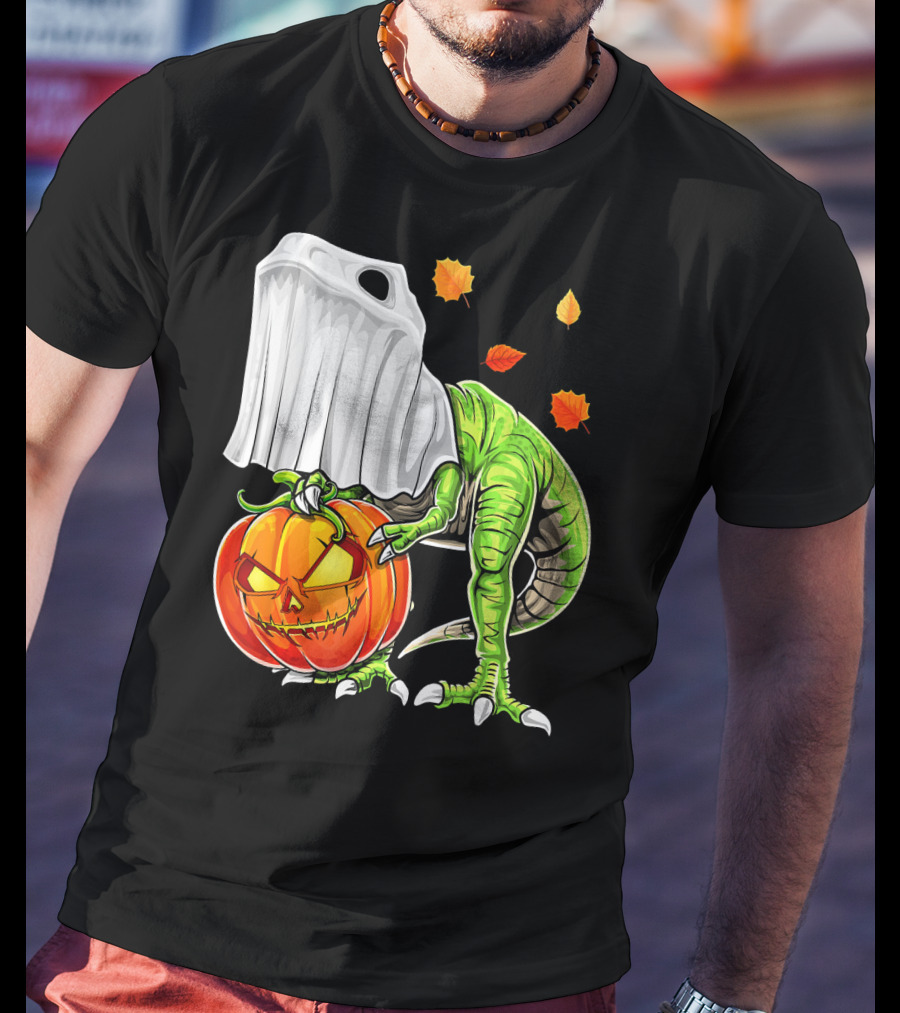Halloween Dinosaur Ghost Pumpkin Jack Leaves T-Shirt
