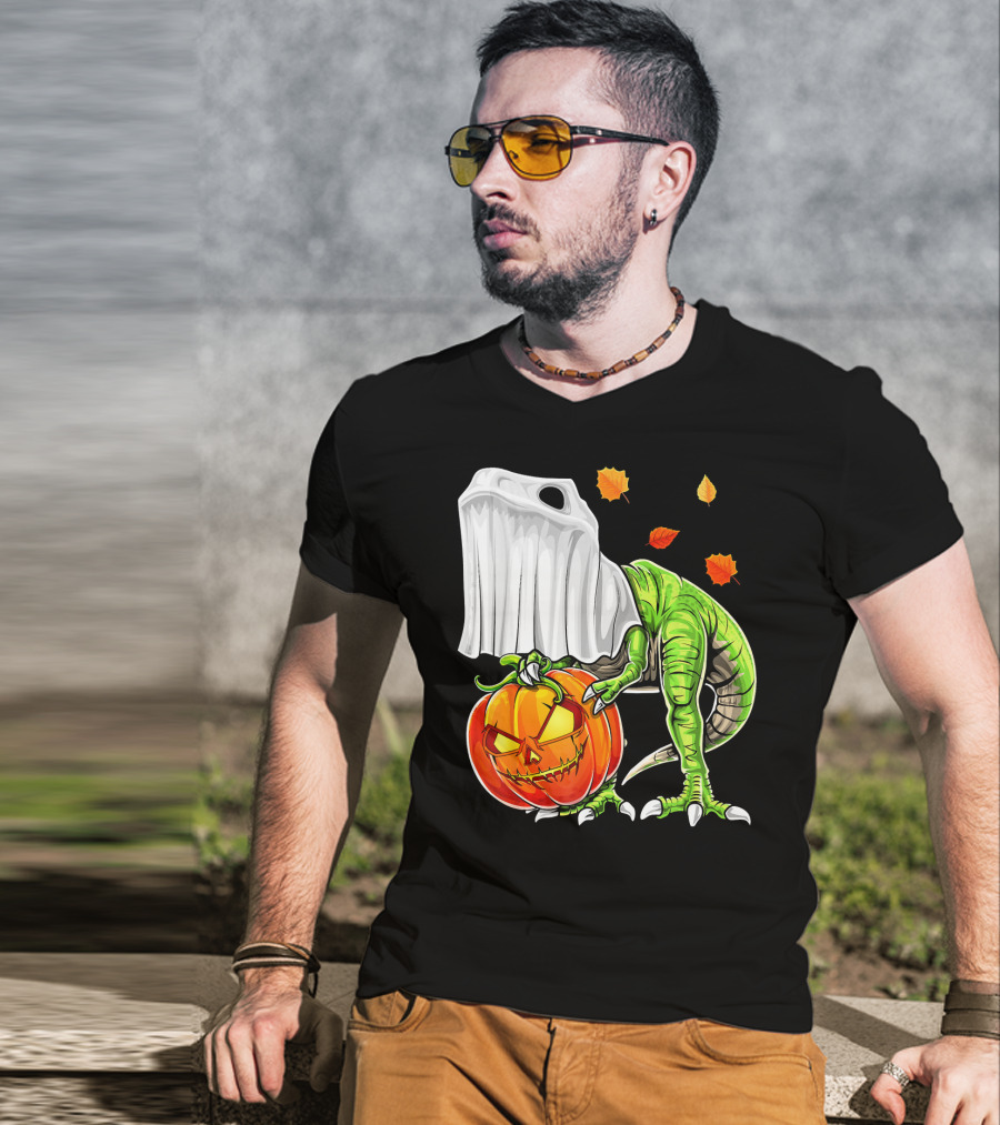 Halloween Dinosaur Ghost Pumpkin Jack Leaves T-Shirt