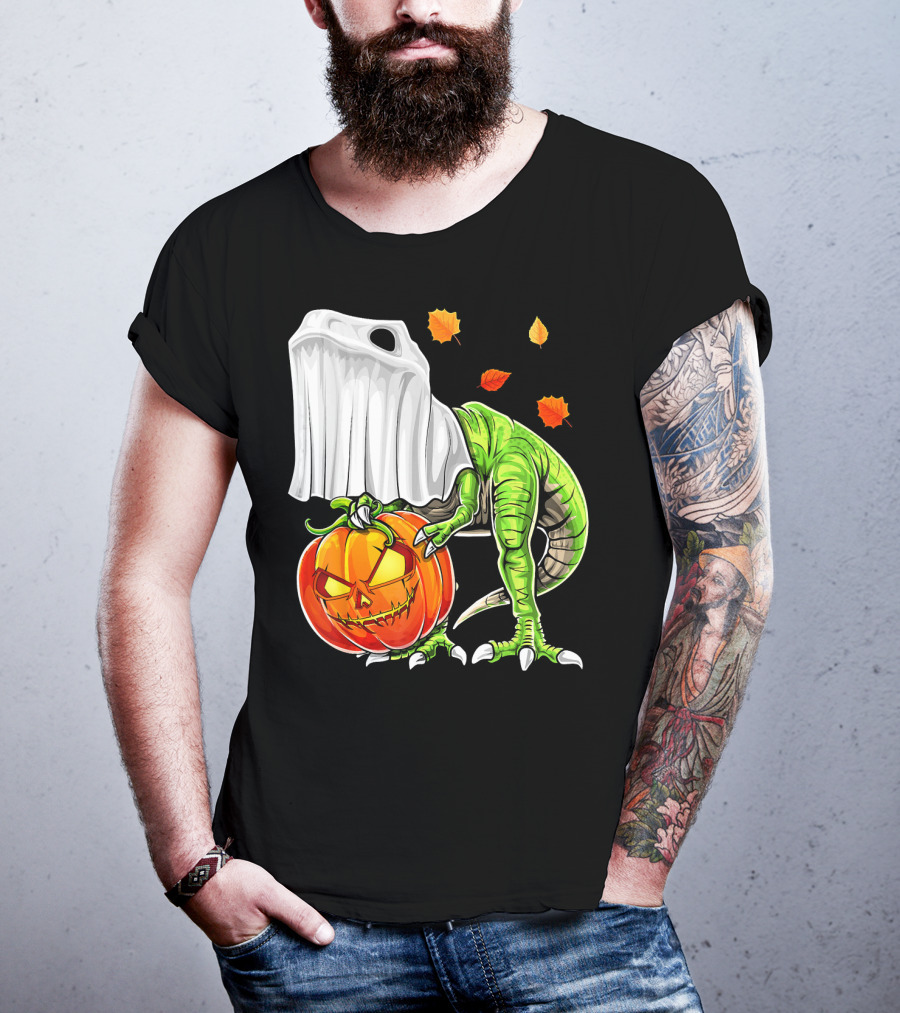Halloween Dinosaur Ghost Pumpkin Jack Leaves T-Shirt