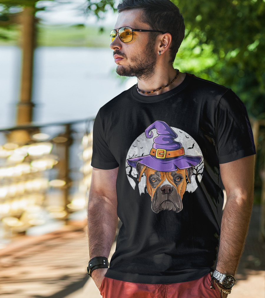 Boxer Dog Wearing Purple Witch Hat Under Full Moon With Bats Halloween T-Shirt