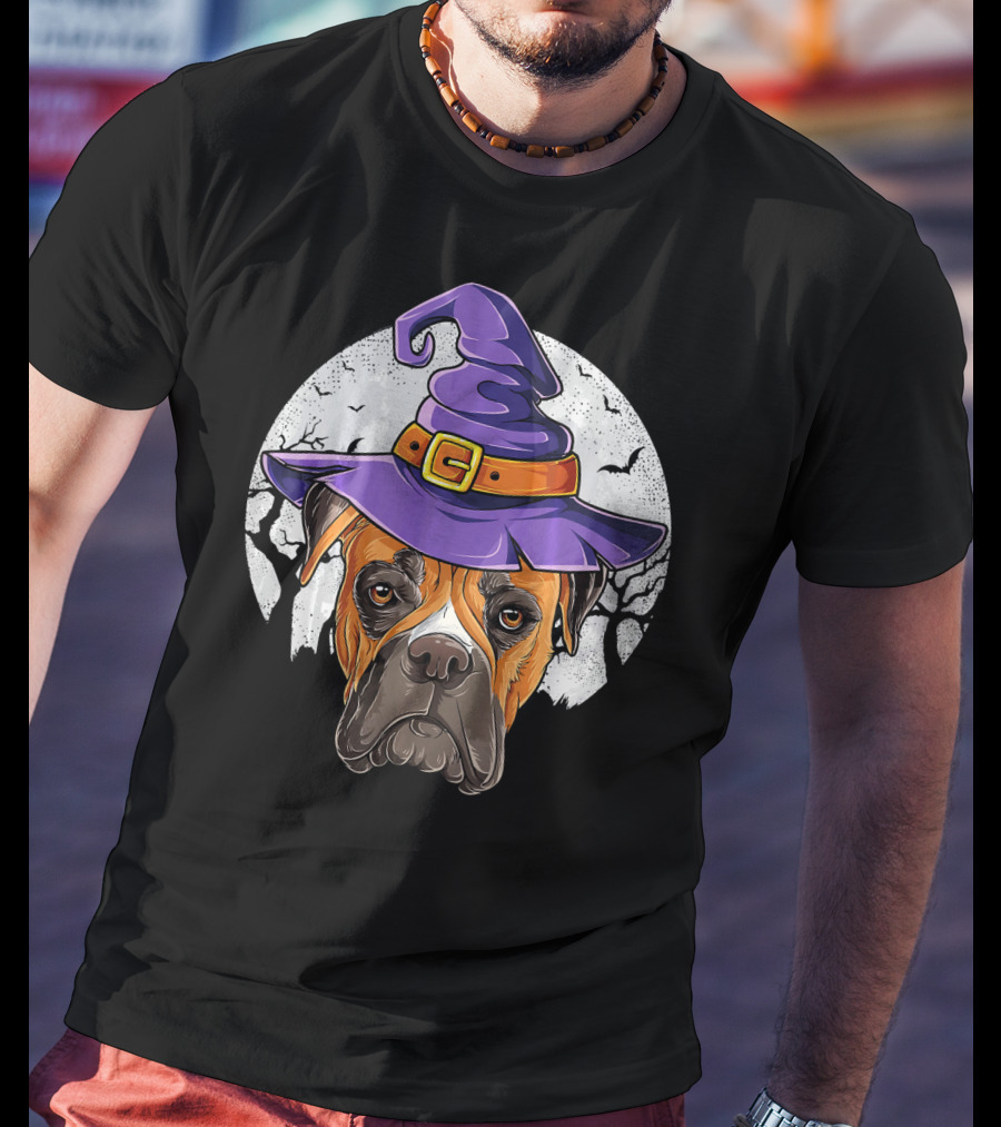 Boxer Dog Wearing Purple Witch Hat Under Full Moon With Bats Halloween T-Shirt