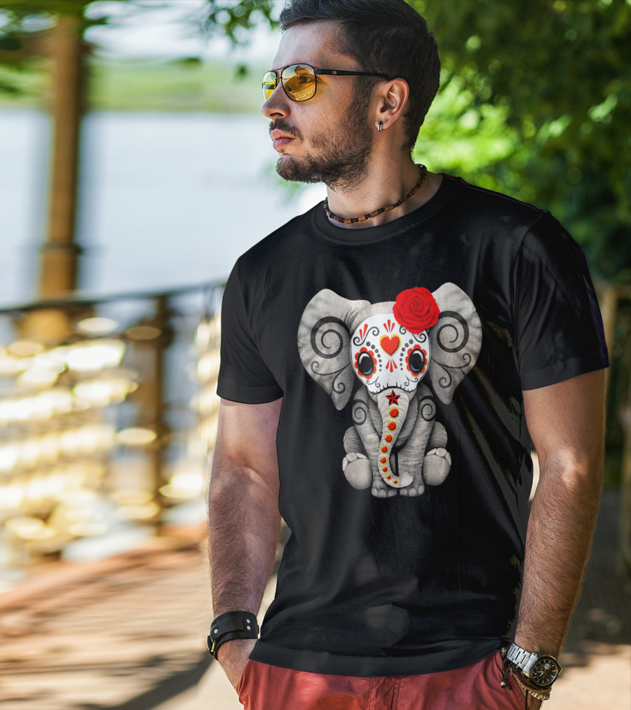 Sugar Skull Elephant With Red Rose Day Of The Dead T-Shirt